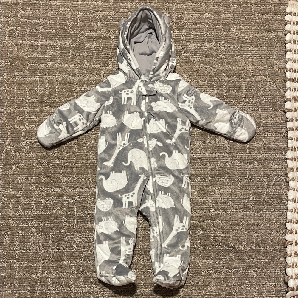 Carter's Gray Animal Print Footed One Piece Bunting Suit Lined